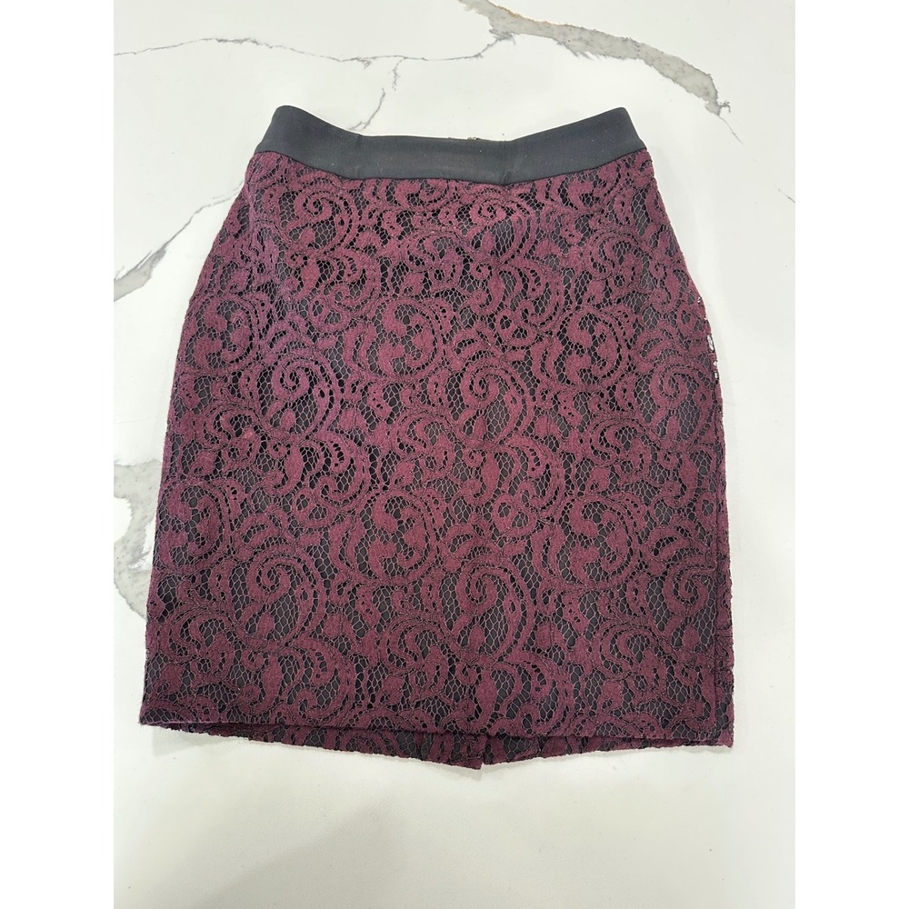 Loft Ann Taylor Burgundy Floral Lace Pencil Skirt Maroon Black Petite 0P